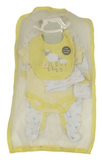 Nové - 5set - Žluto-bílé pruhované body + bílý overal se zvířaty + bavlněná čepice + slinták + rukavičky