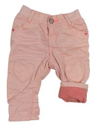 Neónově ružové plátenné podšité nohavice so srdiečkami
