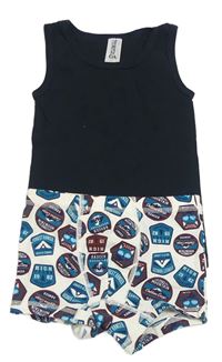 2 set - Tmavomodré tílko + bielo-petrolejové vzorované boxerky