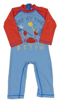 Modro-červeno-biely pruhovaný UV overal s krabom Mothercare