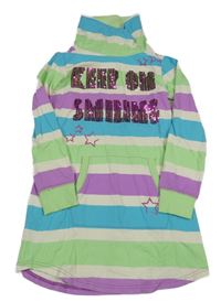 Bielo-farebné pruhované teplákové šaty s nápisem z flitrů a komínovým golierom Yigga