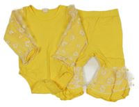 2 set - žluté body s tylem s kvítky + flare legíny 