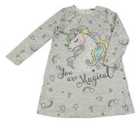 Světlešedé šaty s obrázky a jednorožcem a nápisem 