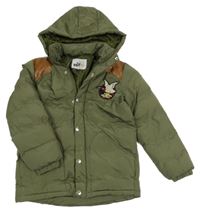 Khaki-hnědá šusťákovo/koženková zimní bunda s husou a kapucí 