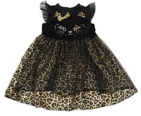 Kostým - Černo-zlaté plyšovo/tylové šaty s čumákem a sukní s leopardím vzorem F&F