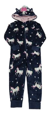 Tmavomodrá plyšová kombinéza s jednorožcami a kapucňou Matalan