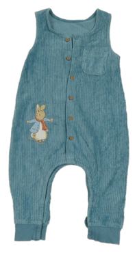 Modrý sametový žebrovaný teplákový overal s králíčkem 