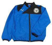 Tmavomodro-čierna šušťáková jarná bunda s potlačou a kapucňou Puma