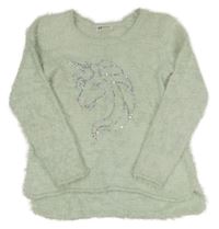 Mintový chlpatý sveter s jednorožcom H&M