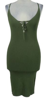 Dámské khaki žebrované pletené minišaty so šnurovaním Bershka