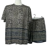 2set - Pánske čierno-béžové vzorované tričko + kraťasy Boohoo