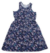 Tmavomodré kvetinové bavlnené šaty H&M