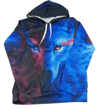 Modro-tmavomodrá športová mikina s vlkem a kapucňou