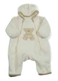 Biela fleecová kombinéza s medvěďom a kapucňou