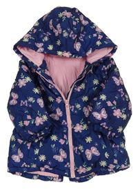 Modrá květinová šusťáková zimní bunda s motýlky a kapucí Ergee