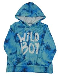 Modrá batikovaná sportovní mikina s nápisem a kapucí