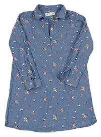 Modrá rifľová šatová tunika s kvetinami H&M