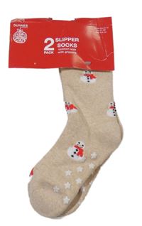 Nové - Béžové melírované teplé ponožky se sněhuláky dunnes