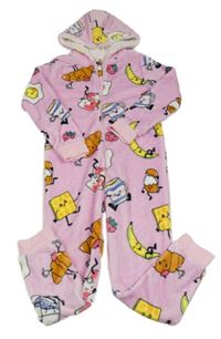 Růžová chlupatá kombinéza s obrázky a kapucí Primark