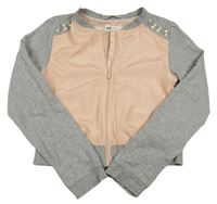 Sivo-svetloružová saténová crop bunda s cvokmi  a mikinovymi rukávy H&M
