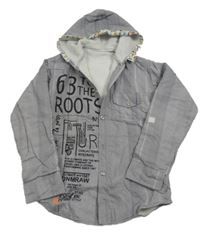 Šedá pruhovaná podšitá košile s nápisem a kapucí 