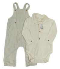 Nové - 2set - Smetanové lněné body + bílo-černé vzorované lacláče Next 