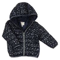 Tmavomodrá šusťáková prošívaná zimní bunda se srdíčky a kapucí Lupilu