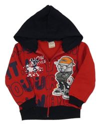 Červeno-tmavomodrá prepínaci mikina s mačkou