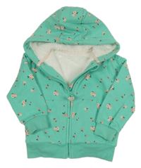 Mátová propínací zateplená mikina s kytičkami a kapucí Nutmeg