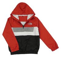 Červeno-černo-bílá šusťáková jarní bunda s kapucí a logem The North Face