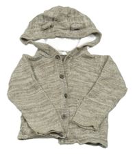 Kávovo-biely melírovaný prepínaci sveter s kapucňou s uškami lupilu