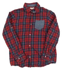 Červeno-tmavomodro-černo-bílá kostkovaná košile s nápisy Vertbaudet