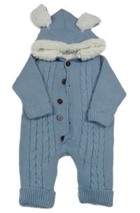 Modrá vzorovaná pletená zateplená kombinéza s kapucňou s uškami enfal baby