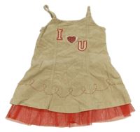 Béžové menšestrové šaty s nápisom a srdiečkom s flitrami a korálkami a tylovým volánikom