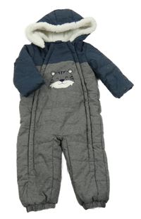 Sivo-tmavomodrá melírovaná softshellová zimná kombinéza s tigrom a kapucňou C&A