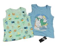 Nové - 2x - Melírované tílko - Mentolové s obrázky, modré s dinosaurom a palmou St. Bernard