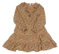 Skořicovo-zlaté pruhované šaty s kvietkami a volánikom
