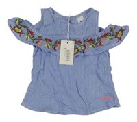 Nové - modro-biela pruhovaná blúzka s volánikom s kvietkami a volnými rameny X-CAVALLO