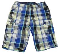 Nové - safírovo-bílo-tmavomodro-světležluté kostkované cargo plátěné kraťasy Charles Vögele