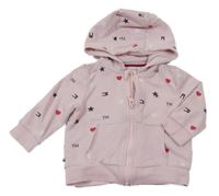 Světlerůžová propínací mikina s logy a srdíčky a kapucí TOMMY HILFIGER