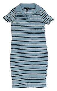 Světlemodro-bielo-čierne pruhované rebrované elastické polo šaty zn. New Look