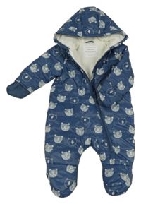 Tmavomodrá šušťáková zateplená kombinéza s medveďmi a kapucňou Primark