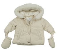 Nové - Světlebéžová šusťáková zimní bunda s kapucí + rukavice F&F