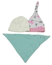 3set - Bílá bavlněná čepice se šípy + smetanová puntíkatá + modrozeleno-bílý pruhovaný slinták