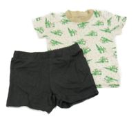 2set - Smetanové tričko s draky + antracitové melírované bavlněné kraťasy