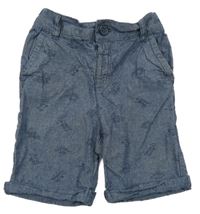 Tmavomodré melírované plátenné kraťasy s dinosaurami Tu