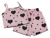 2set - Růžový žebrovaný crop top se srdíčky + kraťasy