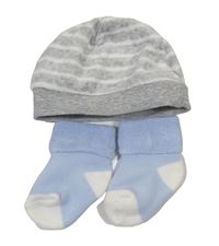 2set - Sivo-biela pruhovaná zamatová čepice + světlemodro-biele ponožky