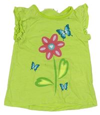 Zelené pruhované tričko s květem a motýlikmi kids