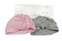 Nové - 2x turbanová čepice s mašlí - šedá + růžová 